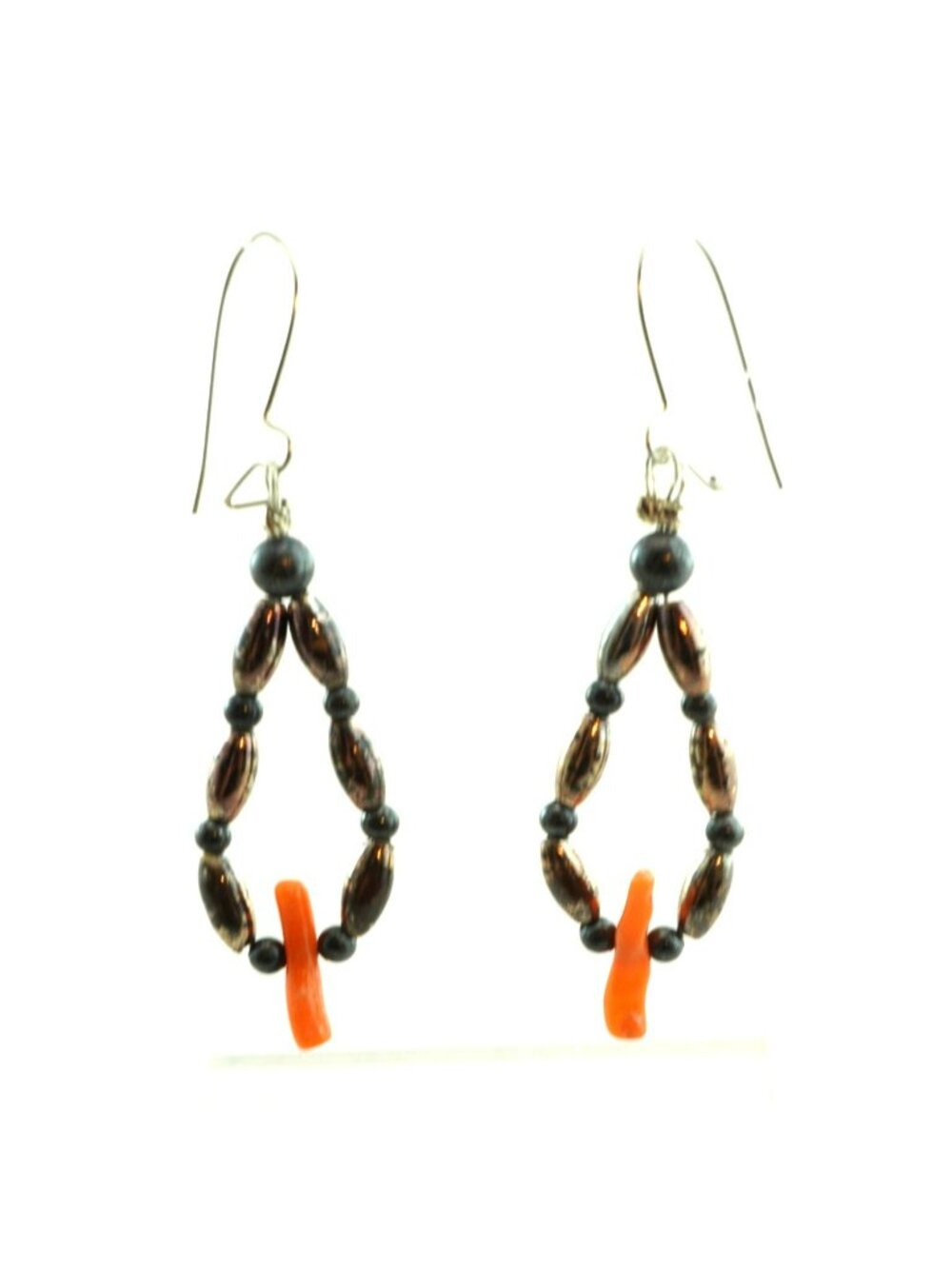 Vintage Copper Tone Beaded Teardrop Dangle Earrings Orange Accent